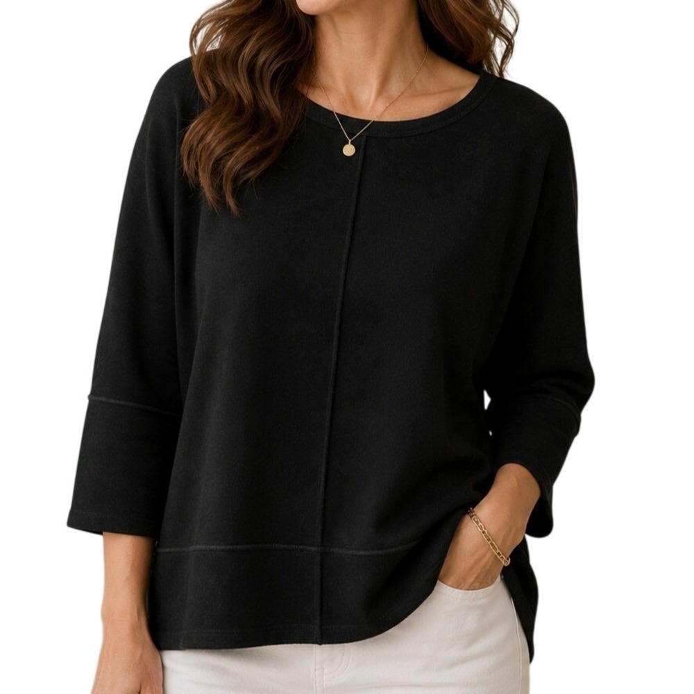 Spanx AirEssentials Crew Neck Top Black 3/4 Sleeve Oversized Sweatshirt XS/TP